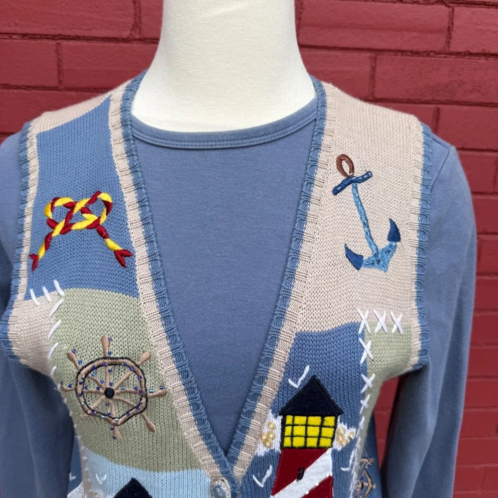 Nautical‎ Knit Cardigan Vest Womens Medium Sleeveless Coastal Grandma Sailing